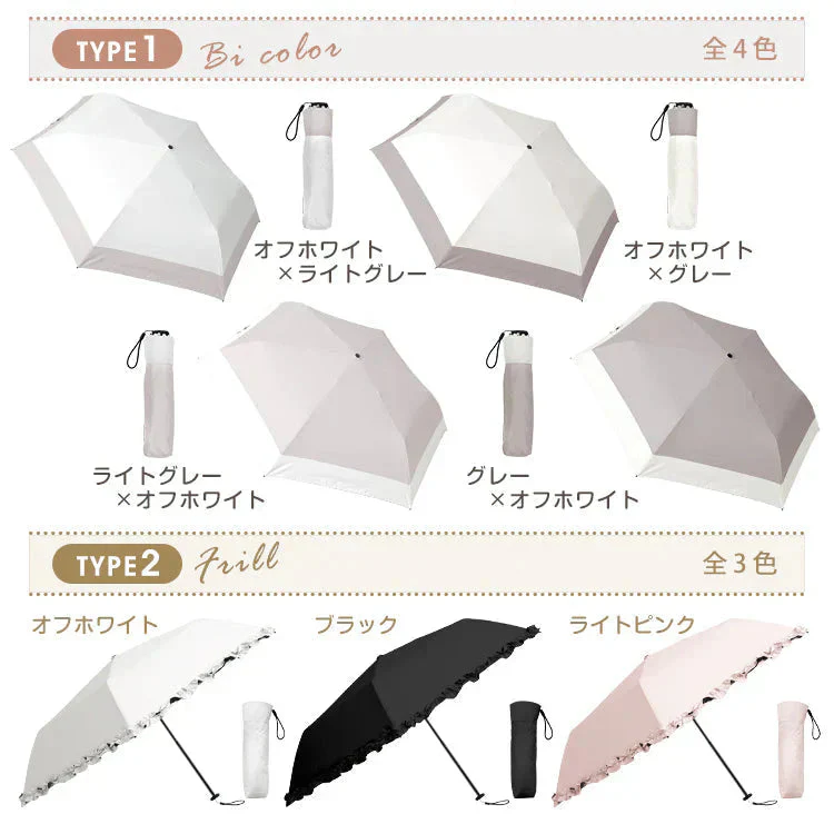 日傘 「タイプ1・グレー×オフホワイト」 軽量 折り畳み 晴雨兼用 遮光100% 完全遮光 UVカット 折りたたみ傘 フリル 日差し 紫外線 日焼け防止 レディース 内側黒 梅雨 熱中症