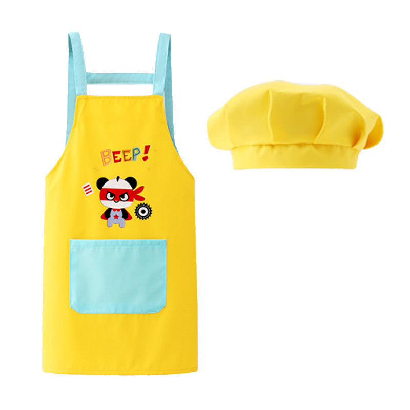 キッズエプロン イエロー 120（110cm,120cm,130cm）2点セット H型エプロン 給食帽子 セット 子供用エプロン かわいい キャラクター付 110 120 130 140 幼稚園 小学生 絵画 料理 女の子 男の子