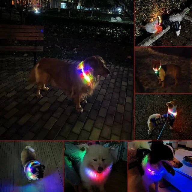 当日発送★光る首輪 犬用 レインボー 発光首輪 充電式 usb充電式 装着簡単 柔らかい 軽量 サイズ調整可能 ペット 犬 猫 視認性 4モード w494J(七彩)