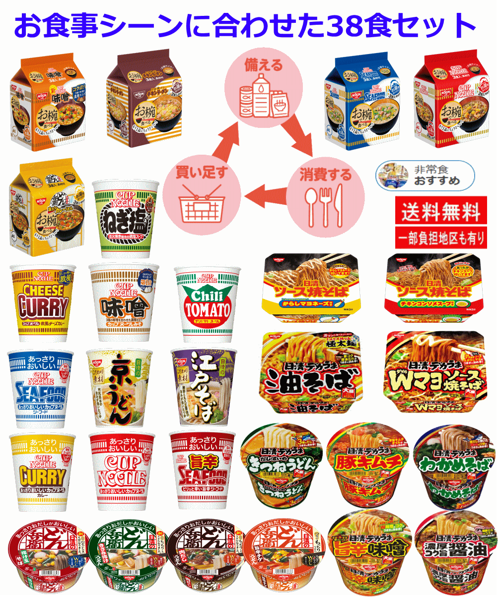 【カップ麺】【災害時に役立つ保存食特集】 お食事シーンに合わせたローリングストック 袋麺からデカ盛りまでの カップラーメン 焼きそば カップヌードル 日清食品 38食セット