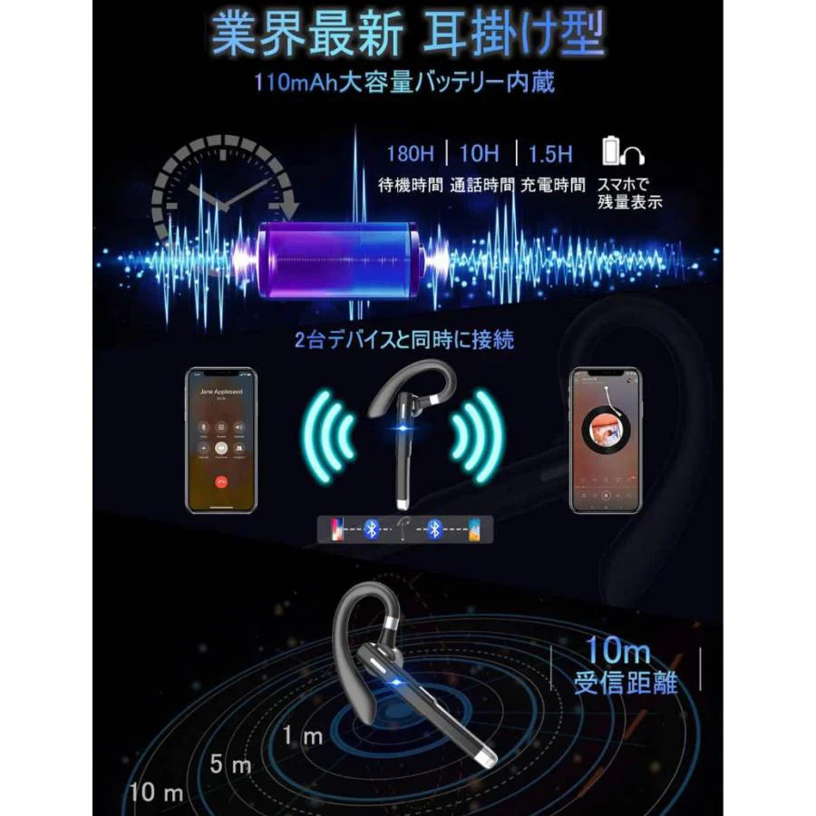 即納 進化型 Bluetooth5.0ヘッドセット Bluetoothイヤホン ワイヤレスイヤホン 10時間連続使用 ミュート SIRI機能搭載 ハンズフリー通話マイク内蔵