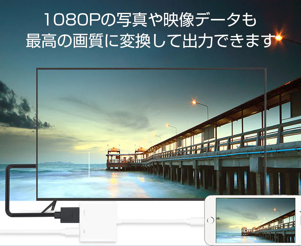 Lightning端子対応 HDMI変換ケーブル 1080P対応 ホワイト スマホ用 映像出力アダプタ
