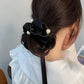 (ブラック)ヘアゴム リボンシュシュ パール高級感 ヘアアクセサリー 髪留め ヘアアレンジ お呼ばれ 髪飾り キュート お団子髪飾り
