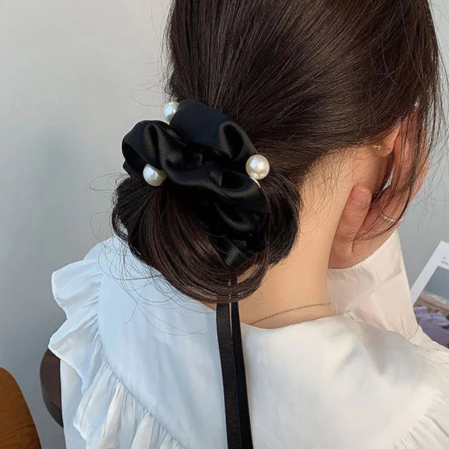 (ブラック)ヘアゴム リボンシュシュ パール高級感 ヘアアクセサリー 髪留め ヘアアレンジ お呼ばれ 髪飾り キュート お団子髪飾り