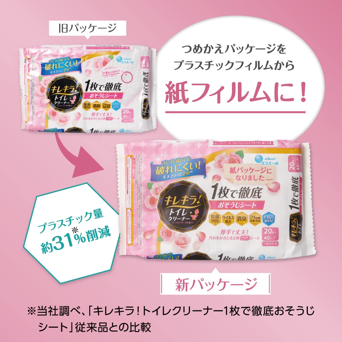 エリエールキレキラ！トイレクリーナー　１枚で徹底おそうじシートつめかえ用　２０枚　ハッピーローズ容量20枚