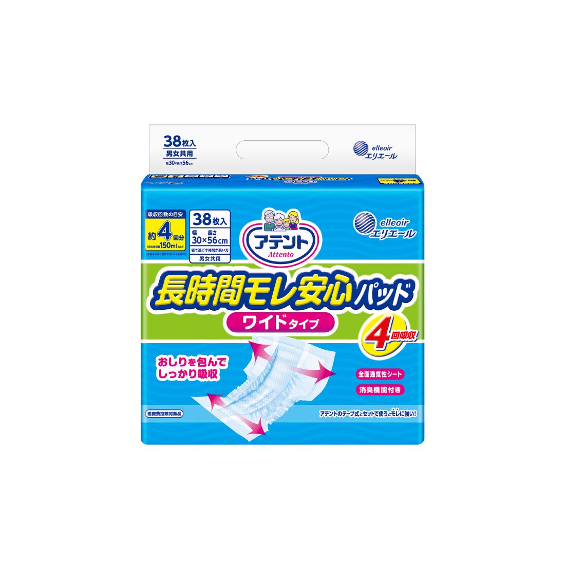 【まとめ買い】アテント 長時間モレ安心パッドワイドタイプ4回吸収 38枚 容量38ﾏｲ×4点セット 大王製紙 大人用オムツ
