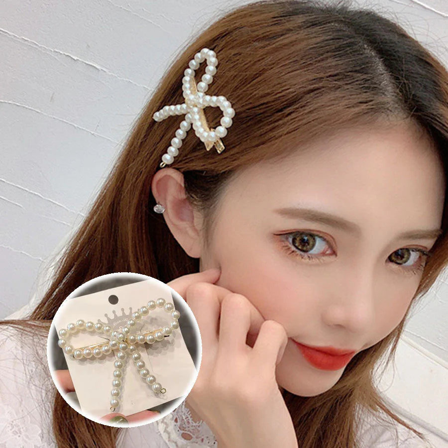 (ホワイト)ヘアピン リボン パールビーズヘアピン パッチン留め かわいい ヘアアクセサリー パールホワイト 子ども おしゃれ