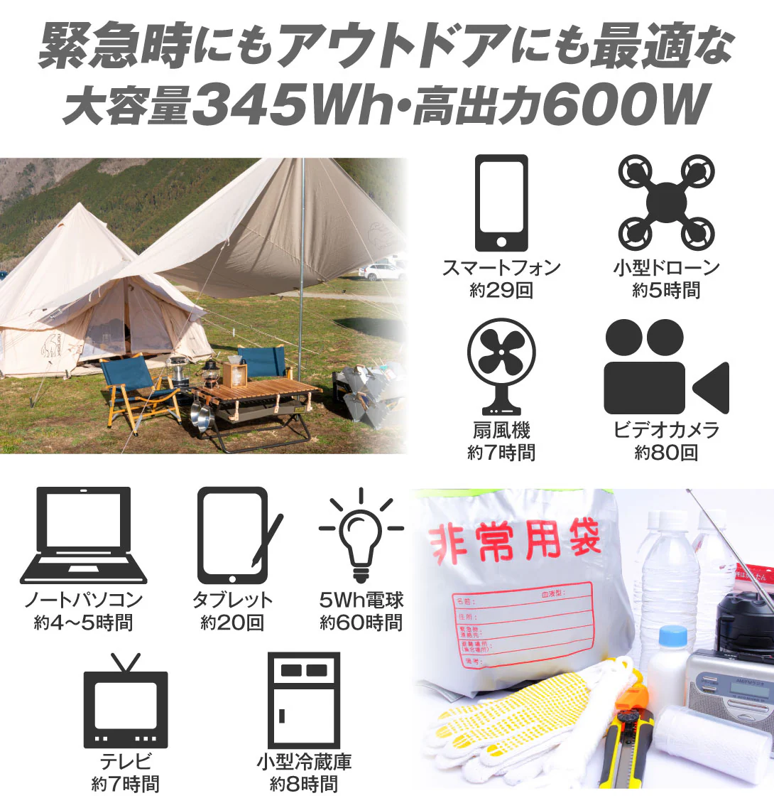 ポータブル電源＋ソーラパネル 1組  345Wh 600W 軽量 小型 蓄電池 家庭用 リン酸鉄 防災 停電 アウトドア キャンプ 農作業 家庭菜園