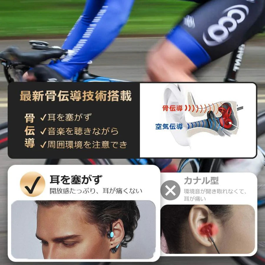骨伝導 イヤホン Bluetooth 片耳掛け　ワイヤレス マイク付き ヘッドホン(w213D)グリーン