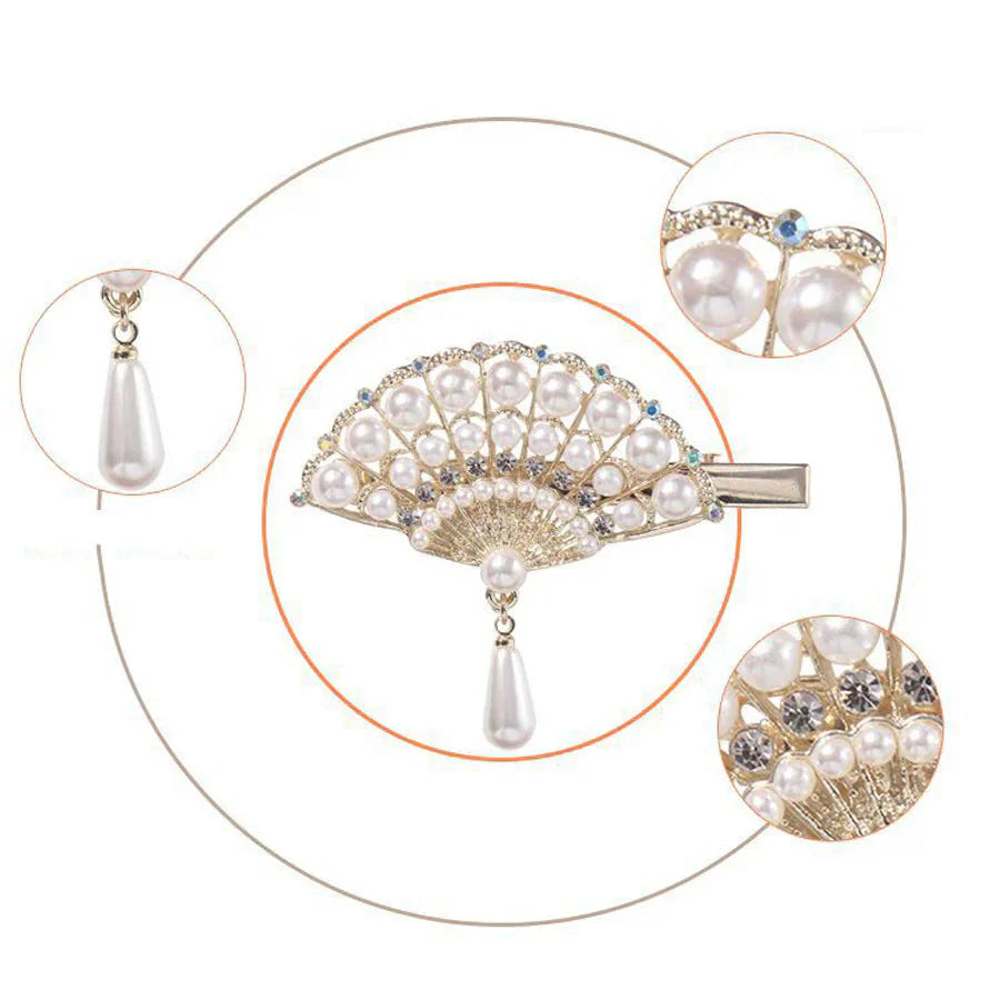 ヘアクリップ 扇子 パール せんす チャーム 浴衣 和装 キラキラヘアピン ヘア留め 髪飾り 髪留め ヘアアクセサリー 前髪 かわいい ゴールド オシャレ 上品 パーティー飾り