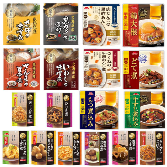 リニューアルパウチおかず  いちびき食品 北海道根室の海の幸 兼由 レトルト 惣菜 牛すじ 鶏大根 つくね もつ煮込み お魚 詰め合わせ18種 おかん食堂