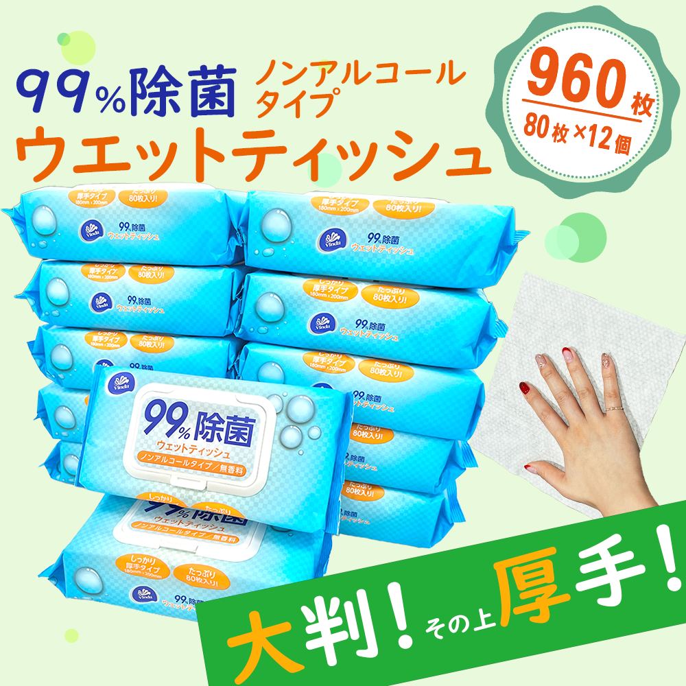 大判・厚手・ノンアルコール99%除菌ウエットティッシュ　蓋つき エンボスシート 無香料 99％除菌認定品　［ 80枚　12パック入り（960枚） ］　送料無料