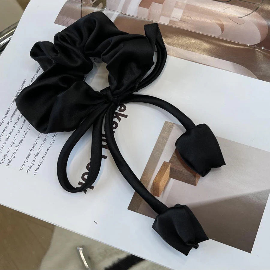 (ブラック)リボンヘアゴム ヘアアクセサリー オシャレ 髪飾り 上品 パーティー飾り