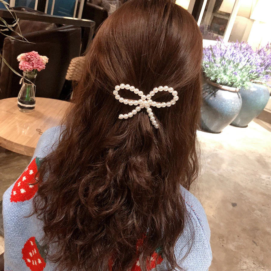(ホワイト)ヘアピン リボン パールビーズヘアピン パッチン留め かわいい ヘアアクセサリー パールホワイト 子ども おしゃれ