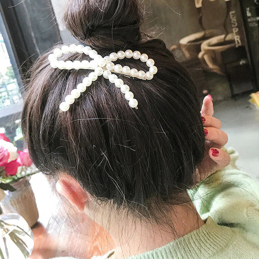 (ホワイト)ヘアピン リボン パールビーズヘアピン パッチン留め かわいい ヘアアクセサリー パールホワイト 子ども おしゃれ