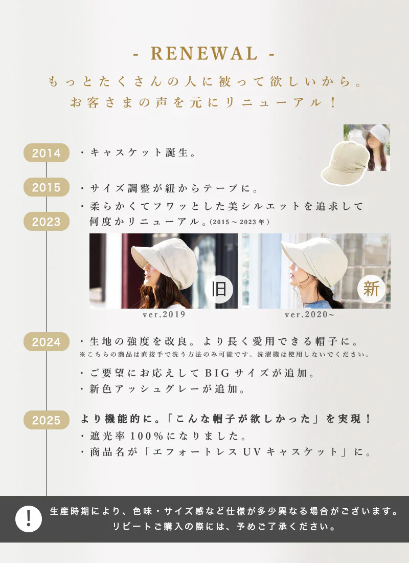 【XLサイズ-ベージュ】【商品名：エフォートレスUVキャスケット】