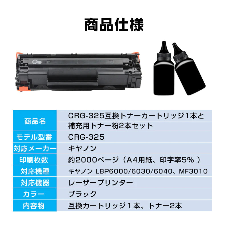 トナーカートリッジ1本と補充用トナー粉2本セット LBP6040 LBP6030用 CRG-325対応 Canon キヤノン 互換 大容量 詰め替え可能 リサイクル レーザープリンター