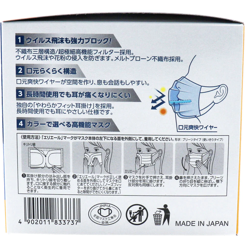 日本製3層不織布マスク エリエール ハイパーブロックマスク ムレ爽快colors ふつうサイズ アイスブルー 30枚入り X4箱