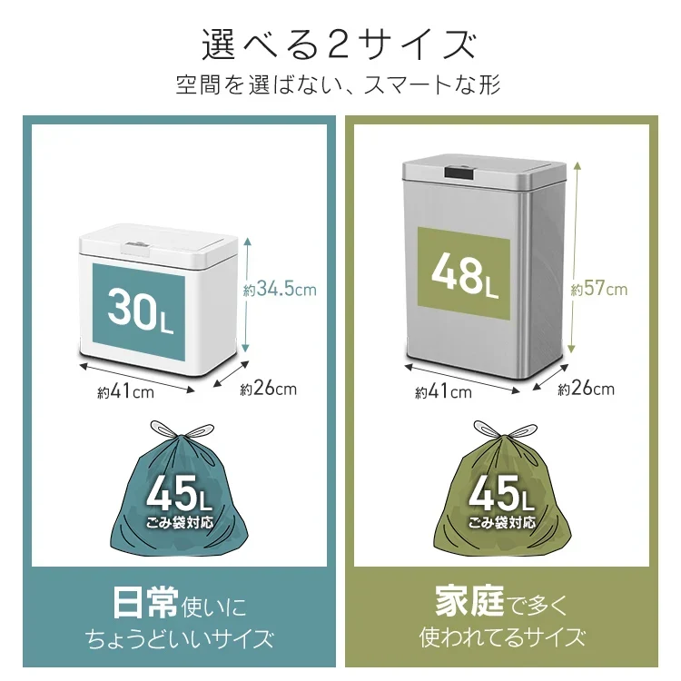 【予約商品：9月中旬（～20日までに発送）】【ホワイト】ゴミ箱 45リットル 48リットル 自動開閉 おしゃれ スリム ふた付き 45L 対応 センサー 自動 全自動開閉式 大容量 ゴミ箱 縦型 ペダルいらず自動開閉 ダストボックス ごみ箱 おしゃれ キッチン リビング