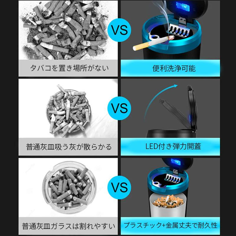 車用灰皿 led付き 取り外し簡単 ふた付き 灰捨て簡単 便利 高温に強く自動点灯 弾力開蓋 金属製 夜間LED照明付き w375D(シルバー)