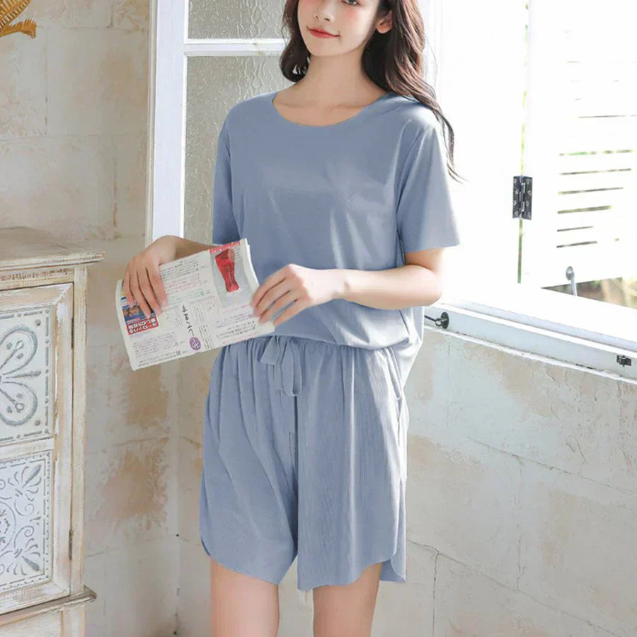 「送料無料 ブルー 接触冷感 」ルームウェア 接触冷感 セットアップ リラックス インナー 半袖トップス インナーウェア ゆったり 送料無料