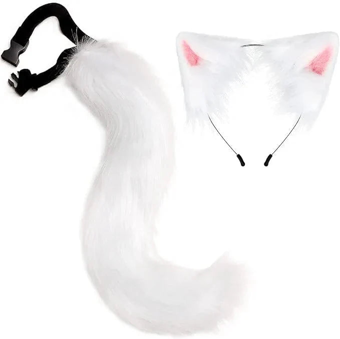 2点セット ハロウィン かわいい しっぽ コスプレ クリスマス パーティー グッズ 仮装 狐 猫 犬 尻尾 ブロンド 狐耳 犬耳 つけ耳 柴 狼 狸 猫耳 カチューシャ  動物 メイド w680A(ホワイト)
