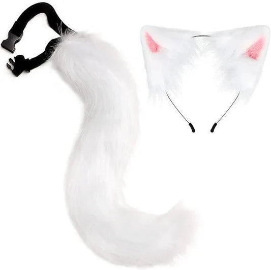 2点セット ハロウィン かわいい しっぽ コスプレ クリスマス パーティー グッズ 仮装 狐 猫 犬 尻尾 ブロンド 狐耳 犬耳 つけ耳 柴 狼 狸 猫耳 カチューシャ  動物 メイド w680A(ホワイト)