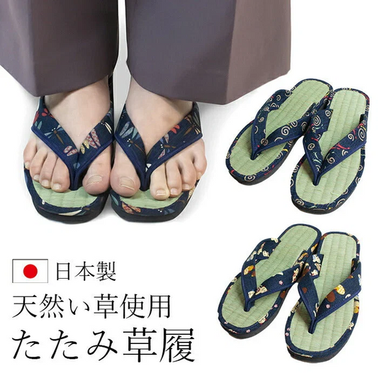 【くつろぎネコ　Mサイズ】草履 レディース 痛くない 安い 草履サンダル い草 M/L ネイビー 藍染め 和柄 たたみ草履
