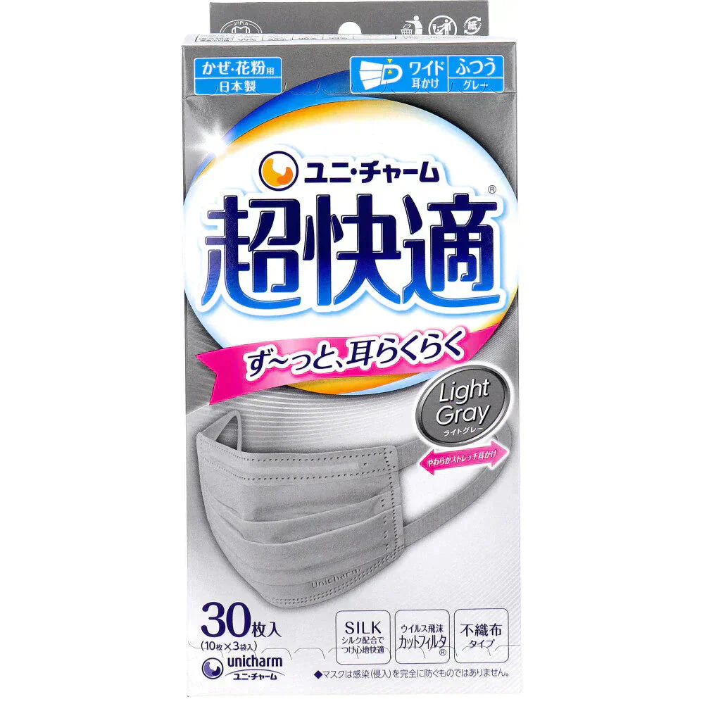 ユニ・チャーム 超快適マスク プリーツタイプ かぜ・花粉用 ライトグレー ふつうサイズ 30枚入り X3箱