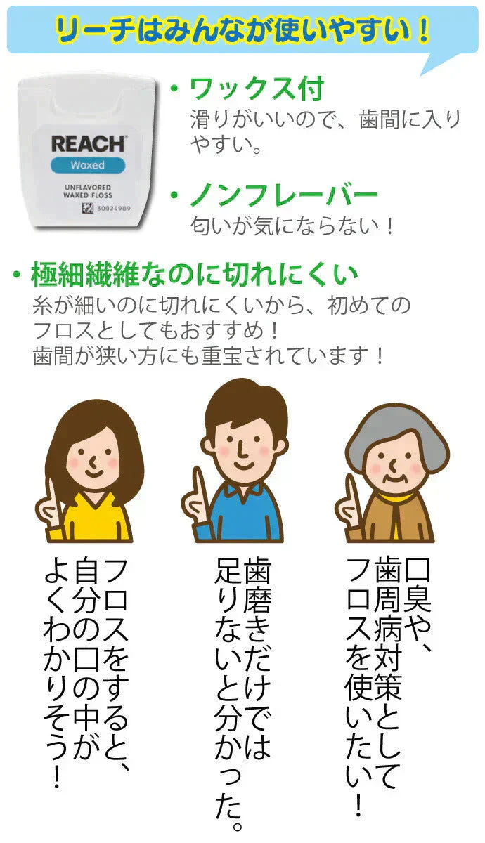 REACH リーチ／デンタルフロス 55ヤード(50.3ｍ)×3個入り ワックス・ノンフレーバー【メール便送料無料】