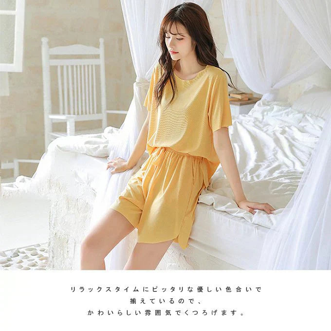 「送料無料 ブルー 接触冷感 」ルームウェア 接触冷感 セットアップ リラックス インナー 半袖トップス インナーウェア ゆったり 送料無料