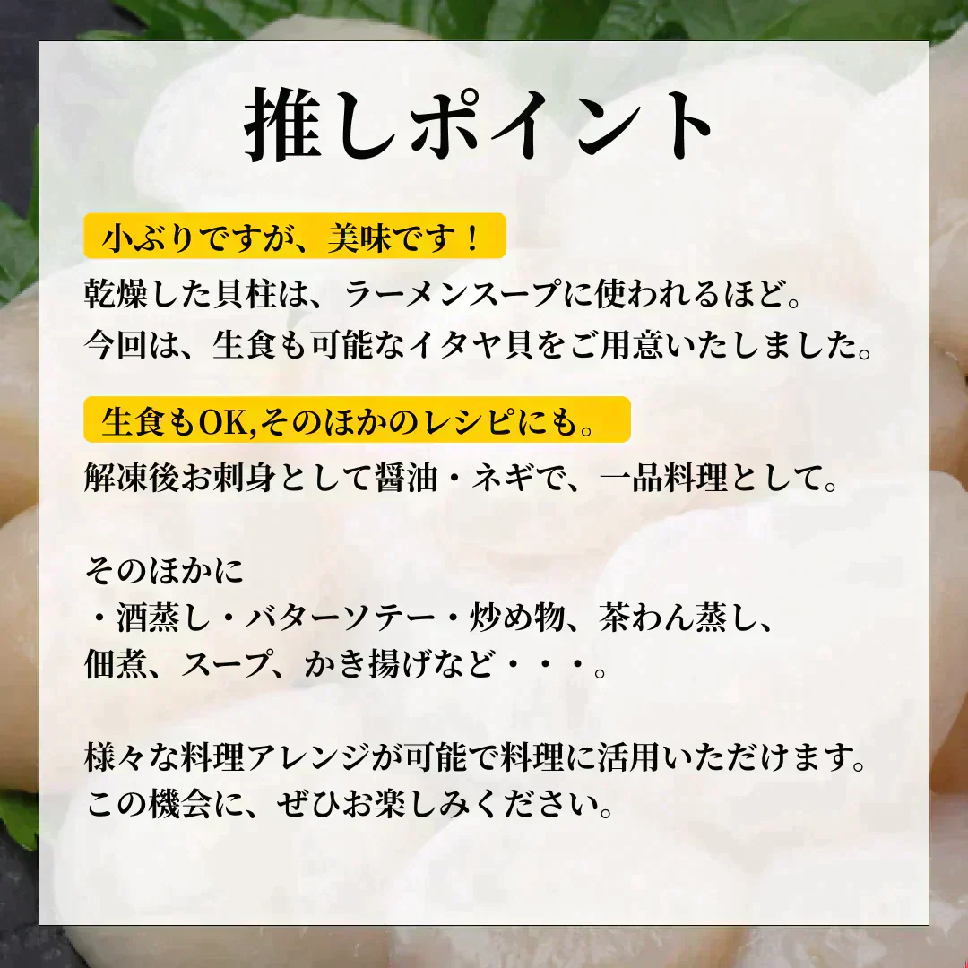 【全部で約200粒前後】お料理に便利なイタヤ貝100g×10パック（生食可能）