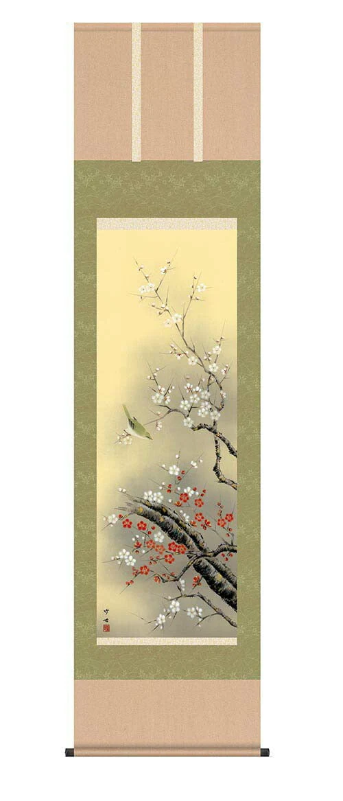 開運掛軸 【紅白梅に鶯】 田村竹世筆 [ 収納箱 10年保証 品質保証付き 31×89 菅原道真所縁 梅花 名花 和室 和 国産 受注生産 床の間 和風 掛け軸 日本製 名画 縁起物 プレゼント 画寸 送料無料 ]