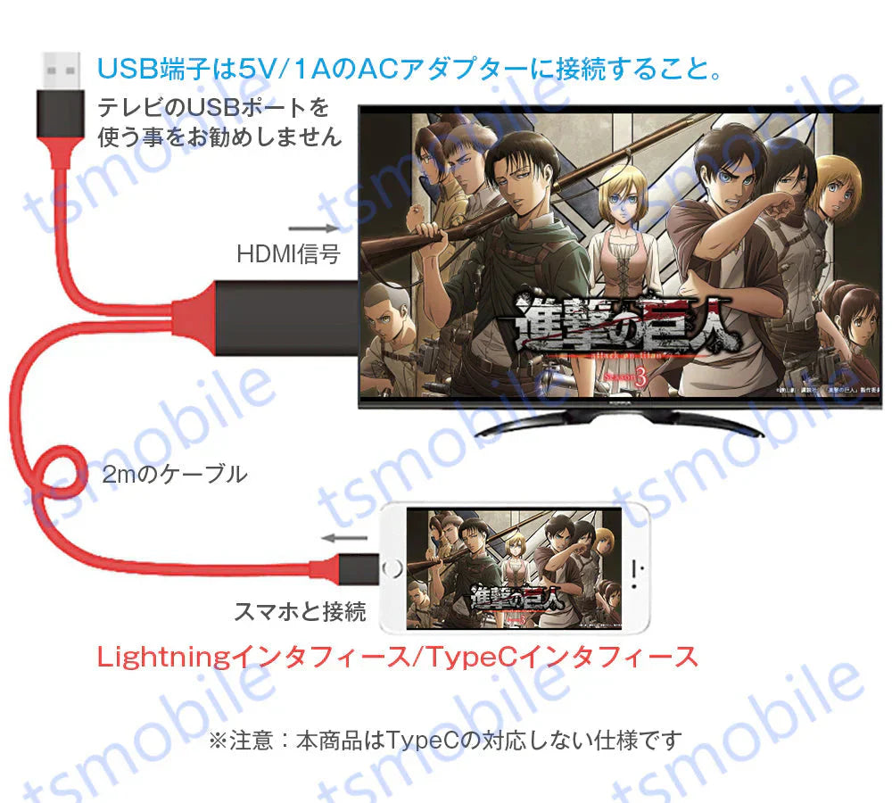 赤lightning HDMI変換ケーブル1080P HD画質iPhone Lightning Digital ライトニング HDMI 変換アダプター スマホ アップル