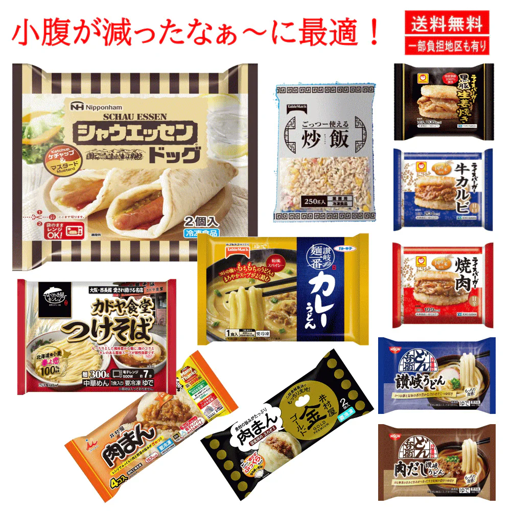 【新発売】 冷凍食品 決定版20袋 ニップン スパゲッティ ライスバーガー 大阪王将餃子 炒飯 ごはん 牛丼の具 シャウエッセン 井村屋肉まん キンレイカドヤ食堂のつけそば どん兵衛