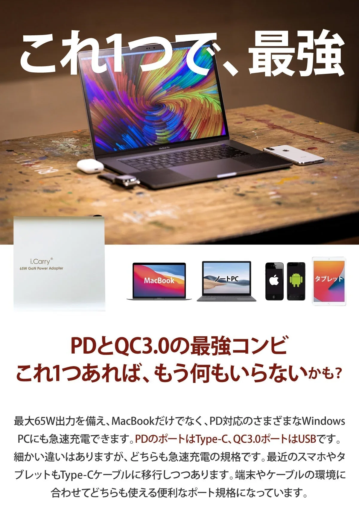 （ブラック）GaN 65W 窒化ガリウム 高速充電器 iphone13 12 11 Switch iPad Galaxy Z Flip3 Fold3 17-ACG22PU-BK