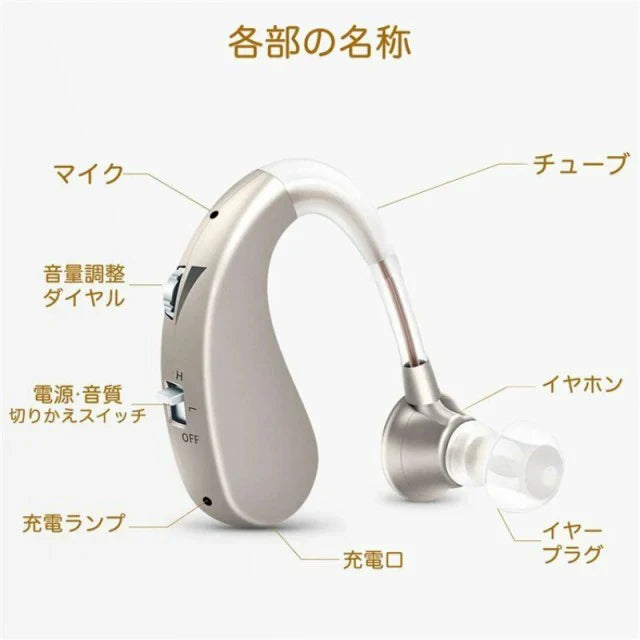 即納 補聴器 集音器 左右両用耳掛け式 充電式 軽量 2種類モード 音質切り替え機能を搭載 シリコーン 両親 高齢者用 敬老の日 日本語説明書付き w591B(ゴールド)