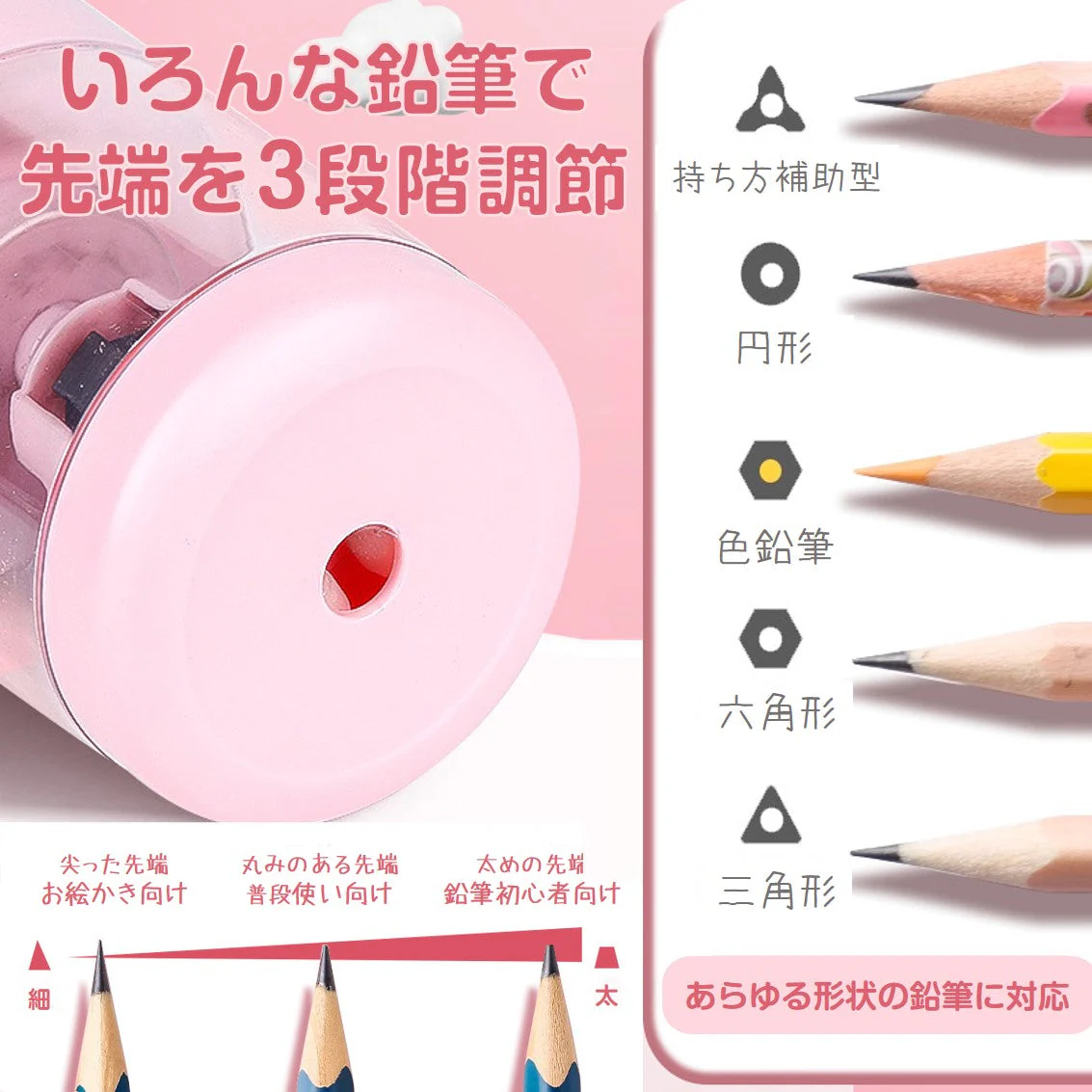 電動鉛筆削り ピンク おすすめ ミニ 鉛筆削り 子供 かわいい 人気 電池 USB給電 小学生 文房具 えんぴつ 太さ調整 簡単 安全ロック 入学祝い 誕生日 キッズ プレゼント