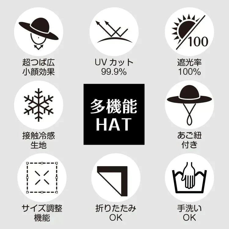 帽子 「ノーマルタイプ・ブラック」 レディース 大きいサイズ 遮光100％ 接触冷感 UVカット つば広 折りたたみ 飛ばない 日よけ 春夏 あご紐 小顔効果 大きめ おしゃれ 可愛い 母の日 お花見