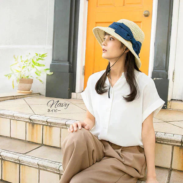 【フリー-ネイビー】【商品名：紐付き手編みストローHAT】