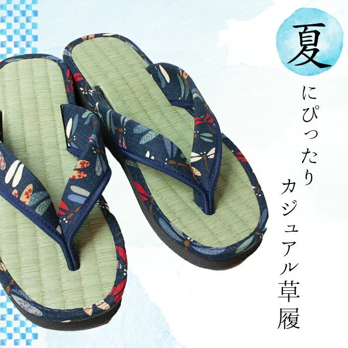 【なかよしメダカ　Lサイズ】草履 レディース 痛くない 安い 草履サンダル い草 M/L ネイビー 藍染め 和柄 たたみ草履