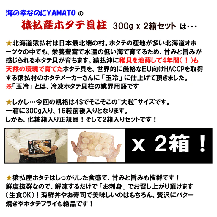 日本最北端“北海道猿払産”ホタテ貝柱 正規品化粧箱300g入り x 2箱セット お刺身ホタテ プレミアムホタテ貝柱 猿払 猿払村 北海道産 北海道オホーツク 帆立 ホタテ ほたて