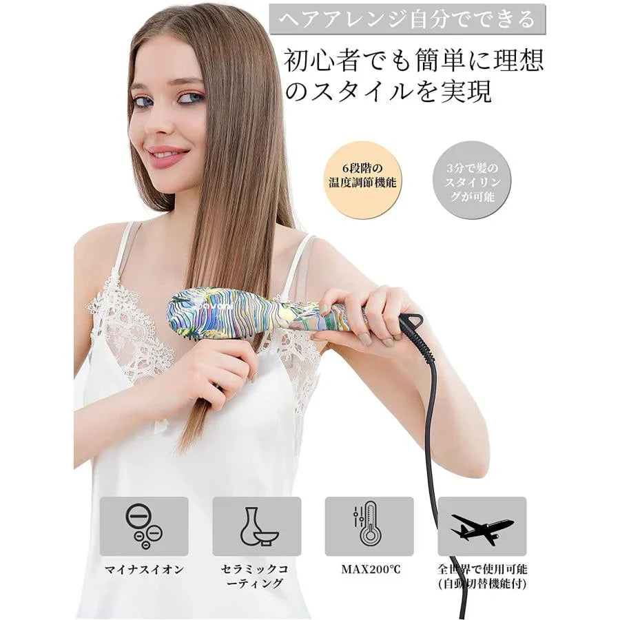 ヘアアイロン ストレートブラシ マイナスイオン ヘアケア 2タイプ選択可能 火傷防止 コンパクト 持ち運び ケース付き 温度調整 レディース メンズ w070B(彩色 )