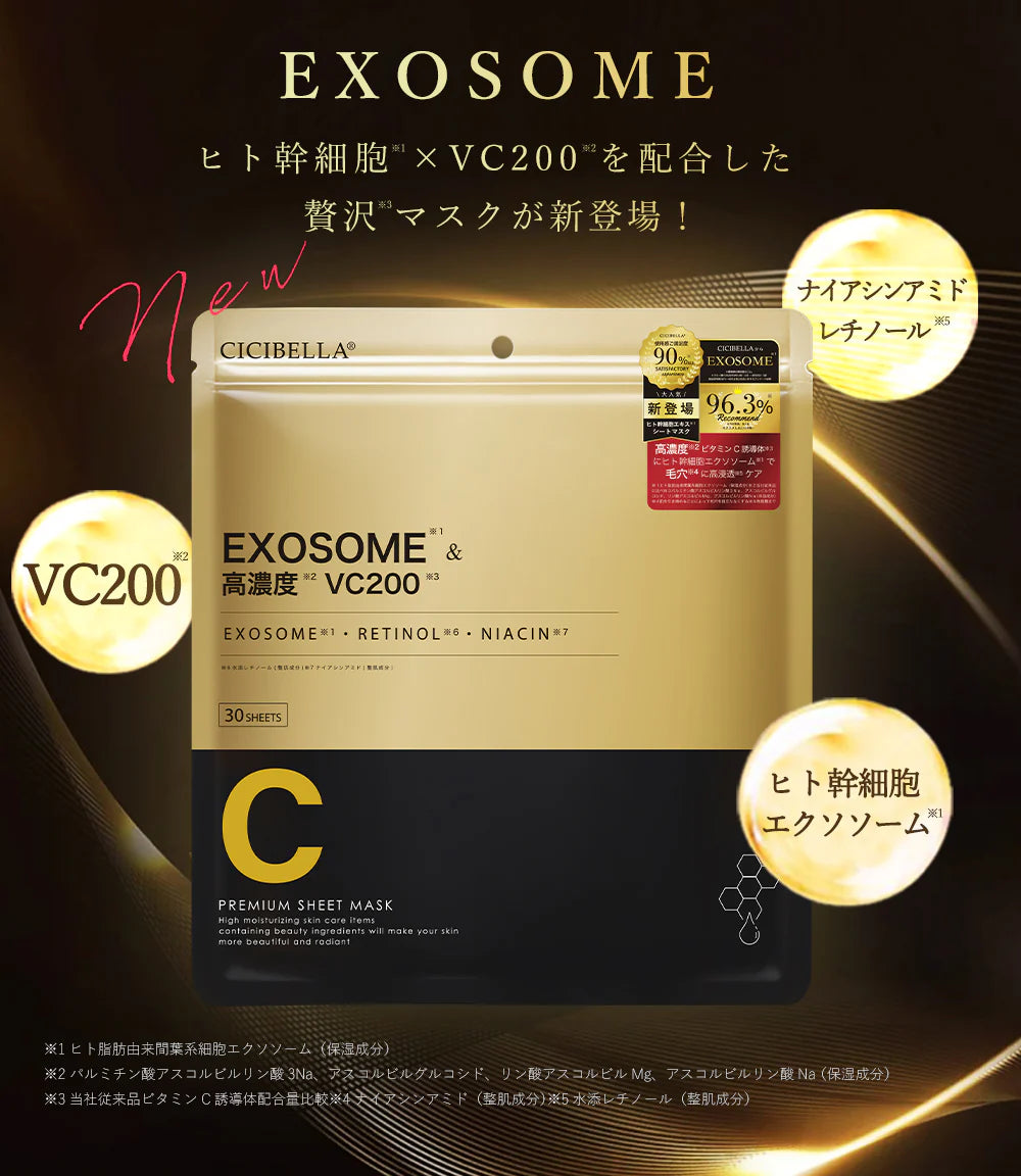 【徹夜向け専用シートマスク】30枚入り VC200 RETINOL シートマスク パック 顔パック 女性用 人気 オールインワン フェイスマスク フェイスパック 日本製 マスクパック スキンケア 美容マスク プラセンタエキス ビタミンC 超濃厚保湿 CICIBELLA 顔パック 化粧水 美容液 夜の集中スキンケア