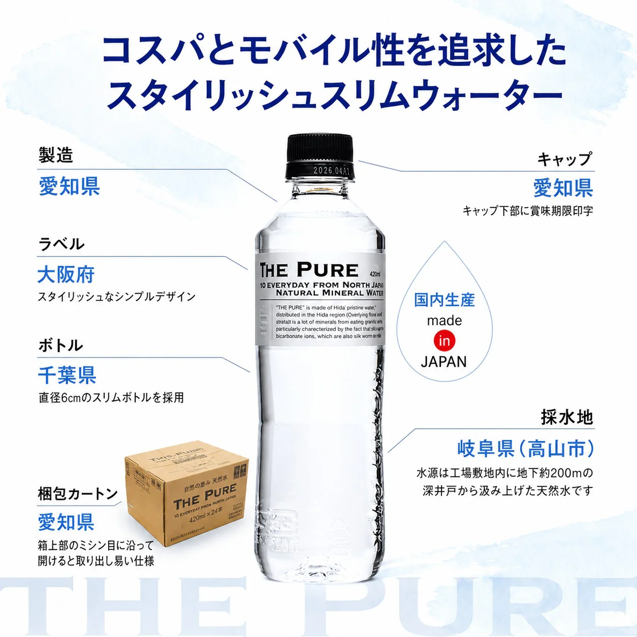 国産 天然水【1ケース】THE PURE ザ ピュア 北アルプスの天然水 420ml 42本 天然水 水 ナチュラルミネラルウォーター 北アルプスの天然水 ザ ピュア 炭酸水素イオン アルプス 飛騨 高山 軟水 岐阜県 日本製 国産 ローリングストック 備蓄  pure