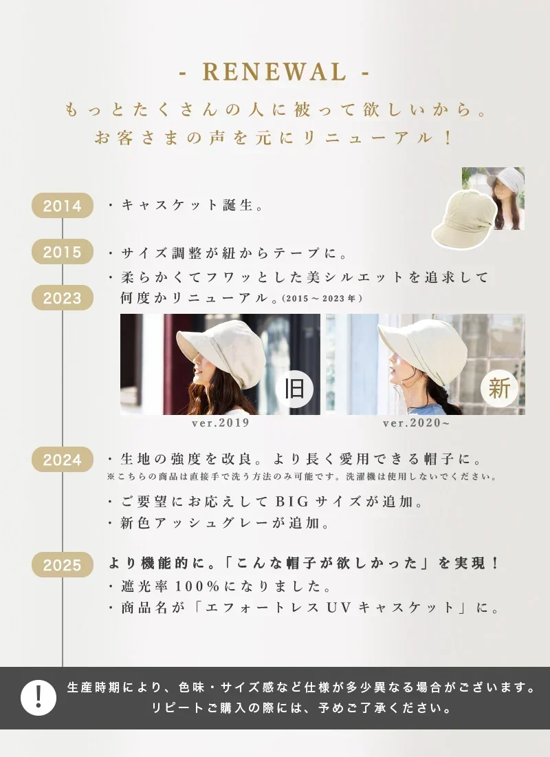 【XLサイズ-ベージュ】【商品名：エフォートレスUVキャスケット】