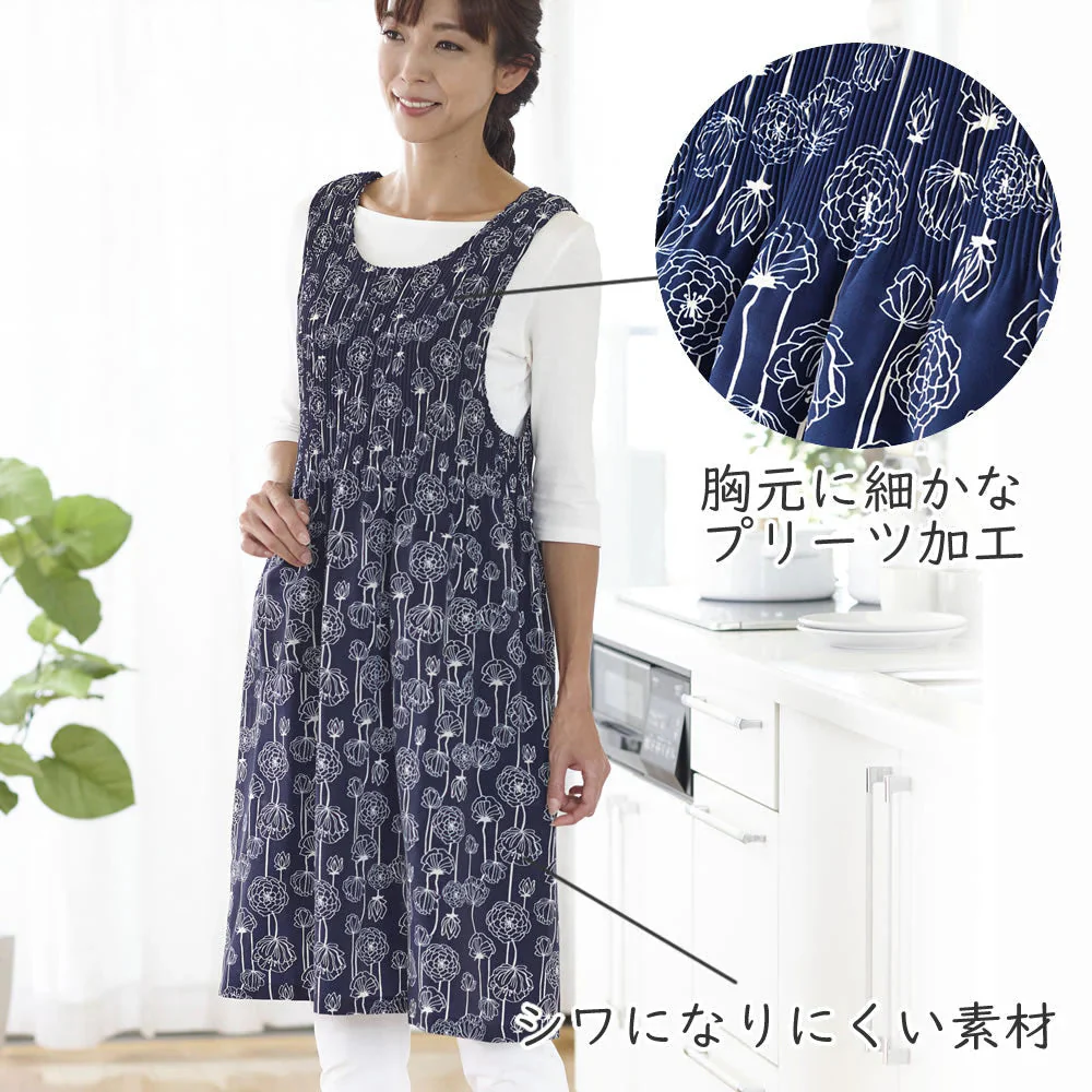 チュニックプリーツエプロン　ラインフラワー◆ 大人かわいい チュニック エプロン 後ろ前回ボタン ポケット付き チュニック感覚 花柄 プリーツ加工 シワになりにくい 全開 ワンピース ベスト型 カフェエプロンレディース ロング 料理 家事