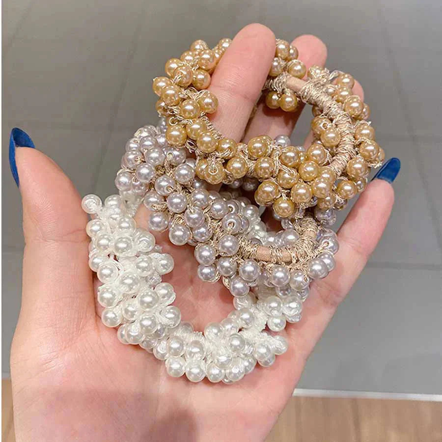 ヘアゴム パール バブル シンプ ブレスレット ビーズ ヘア留め ヘアアクセサリー 髪飾りキャメル　上品　パーティー飾り