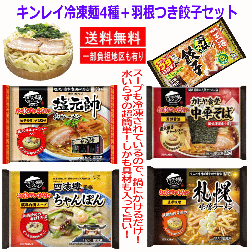 【新発売】 冷凍食品 5袋セット 水のいらない 冷凍麺 塩元帥 札幌味噌ラーメン ちゃんぽん カドヤ食堂 中華そば 王将羽根つき餃子