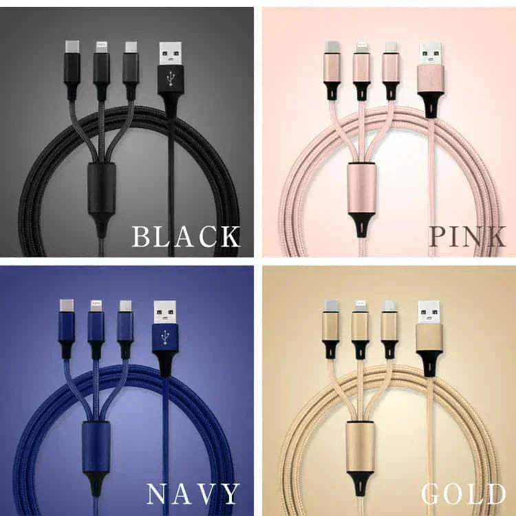 【3本セット】【ブラック】3in1 充電ケーブル USB iPhone Android 全7色 1.2m 超高耐久 断線防止 2.1A Type-C Lightning micro USB  急速充電 充電器 iPhone Android 充電ケーブル マルチ ライトニングケーブル タイプC アンドロイド アイフォン